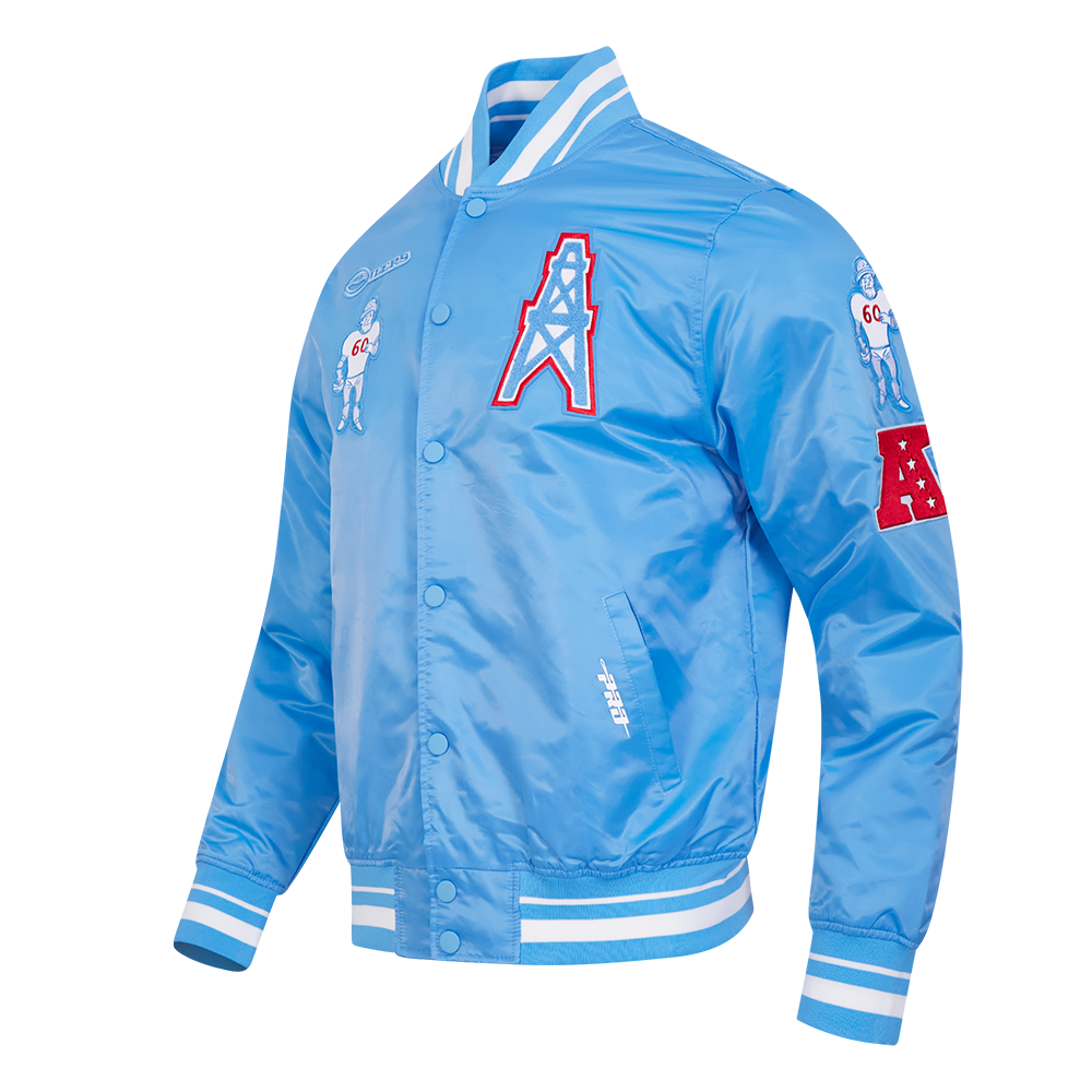 NFL HOUSTON OILERS RETRO CLASSIC BLOUSON EN SATIN À BORDS CÔTELÉS POUR HOMME (BLEU UNIVERSITÉ)