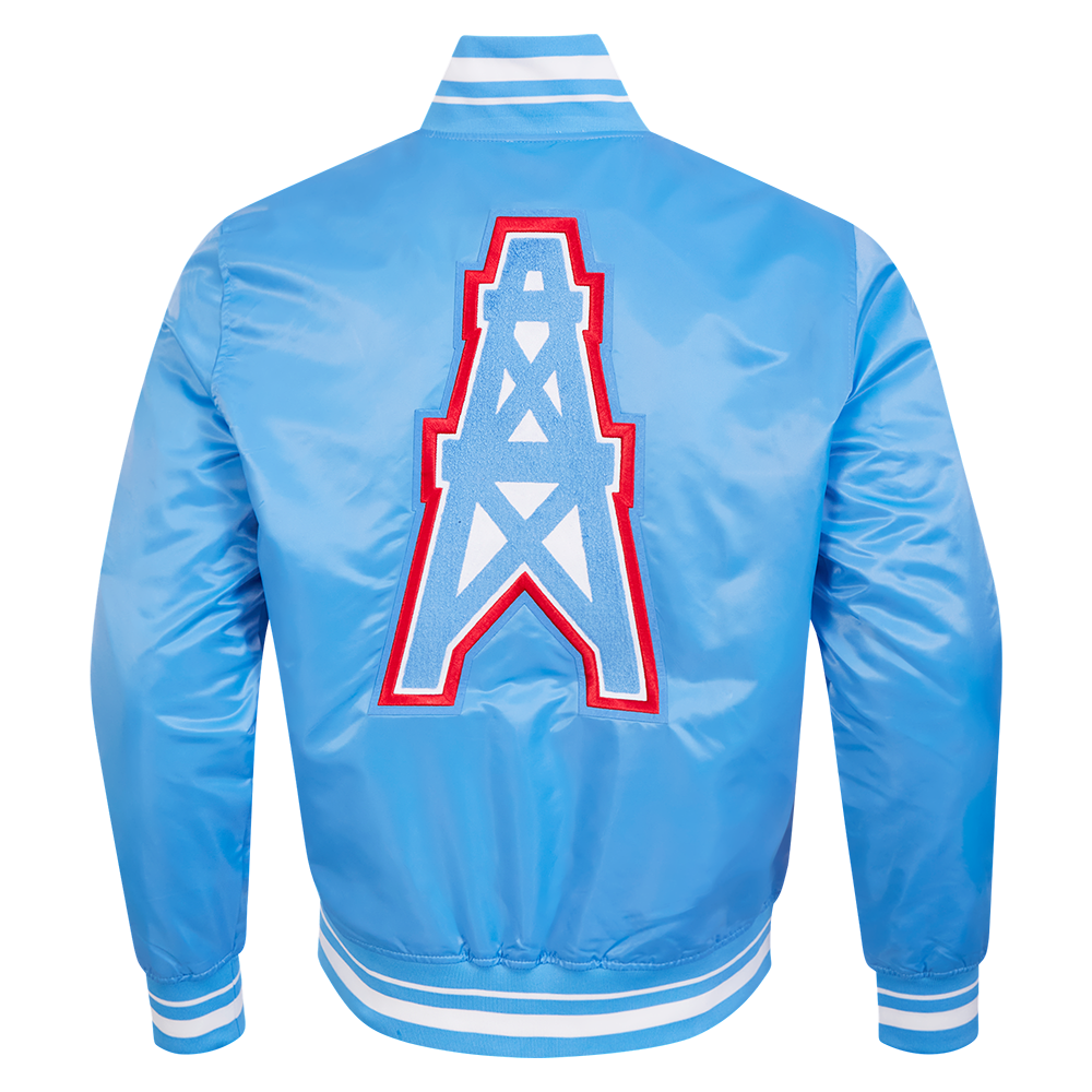 NFL HOUSTON OILERS RETRO CLASSIC BLOUSON EN SATIN À BORDS CÔTELÉS POUR HOMME (BLEU UNIVERSITÉ)