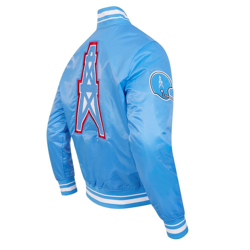 NFL HOUSTON OILERS RETRO CLASSIC BLOUSON EN SATIN À BORDS CÔTELÉS POUR HOMME (BLEU UNIVERSITÉ)
