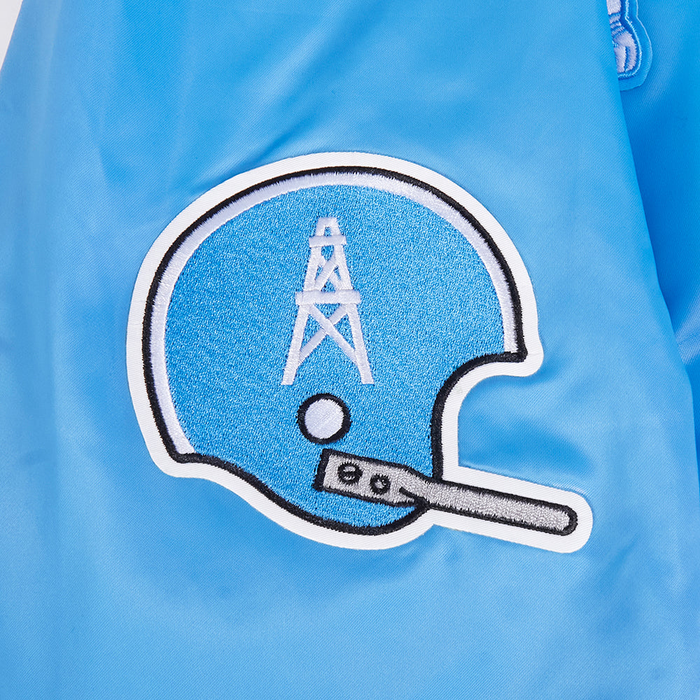 NFL HOUSTON OILERS RETRO CLASSIC BLOUSON EN SATIN À BORDS CÔTELÉS POUR HOMME (BLEU UNIVERSITÉ)