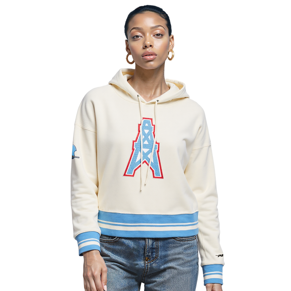 NFL HOUSTON OILERS RETRO CLASSIC CHANDAIL À CAPUCHON COURT CÔTELÉ POUR FEMME (COQUILLE D'ŒUF/BLEU UNIVERSITÉ)