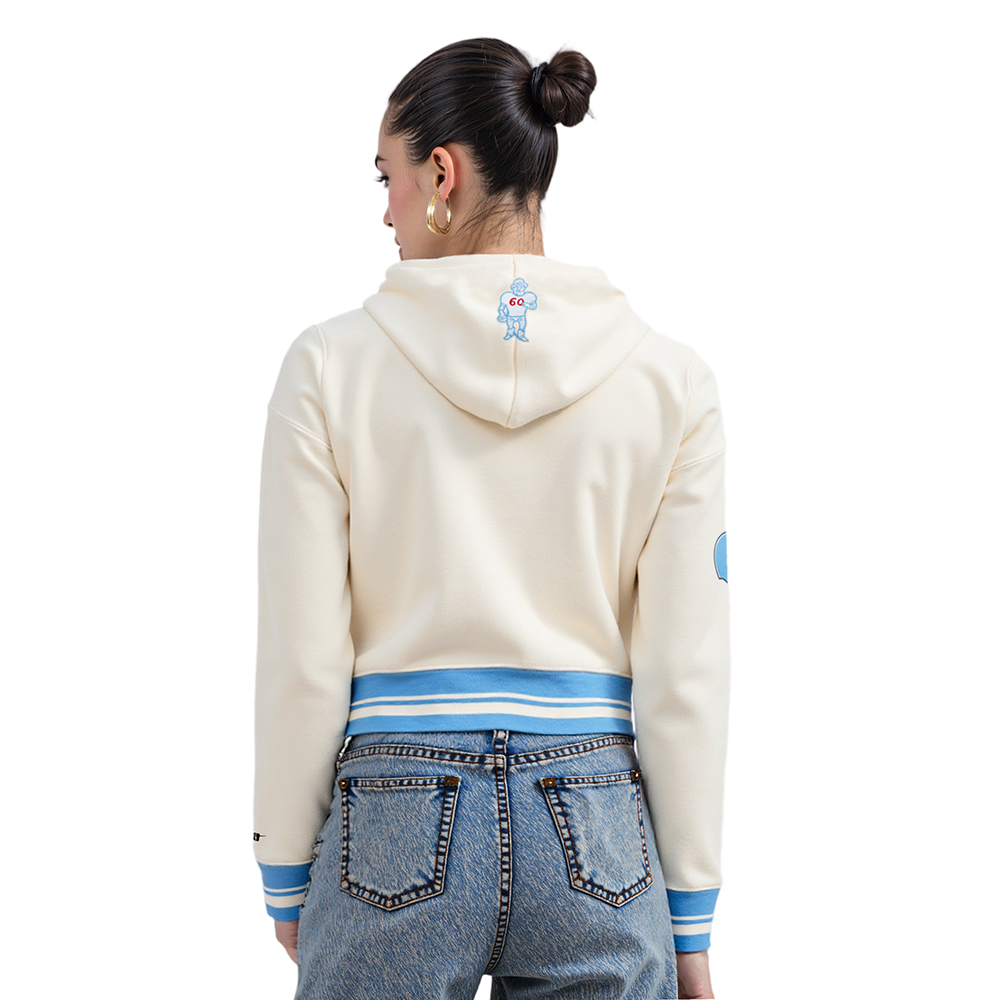 NFL HOUSTON OILERS RETRO CLASSIC CHANDAIL À CAPUCHON COURT CÔTELÉ POUR FEMME (COQUILLE D'ŒUF/BLEU UNIVERSITÉ)