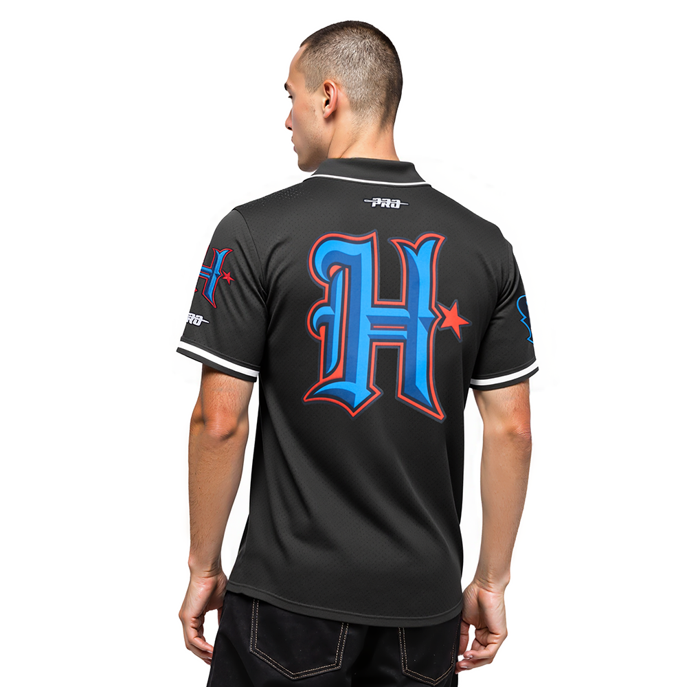 NFL HOUSTON TEXANS CJ STROUD #7 CLASSIC MESH PNN MEN'S MESH BUTTON DOWN SHIRT (BLACK)