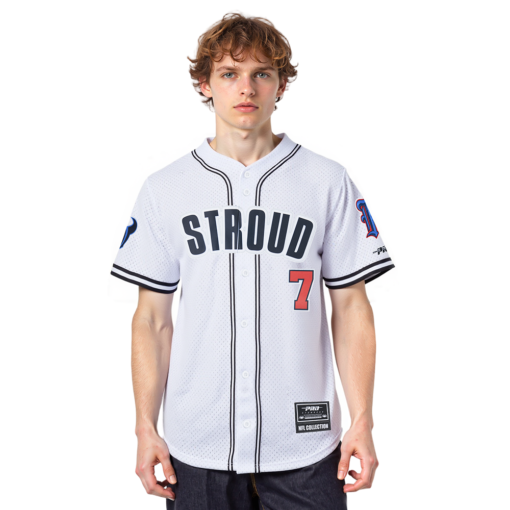 NFL HOUSTON TEXANS CJ STROUD #7 CLASSIC MESH PNN MEN'S MESH BUTTON DOWN SHIRT (WHITE/BLACK/WHITE)