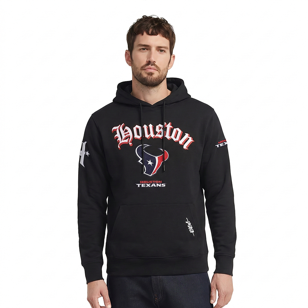 NFL HOUSTON TEXANS CLASSIC OLD ENGLISH MEN'S FLEECE PULLOVER HOODIE (BLACK)