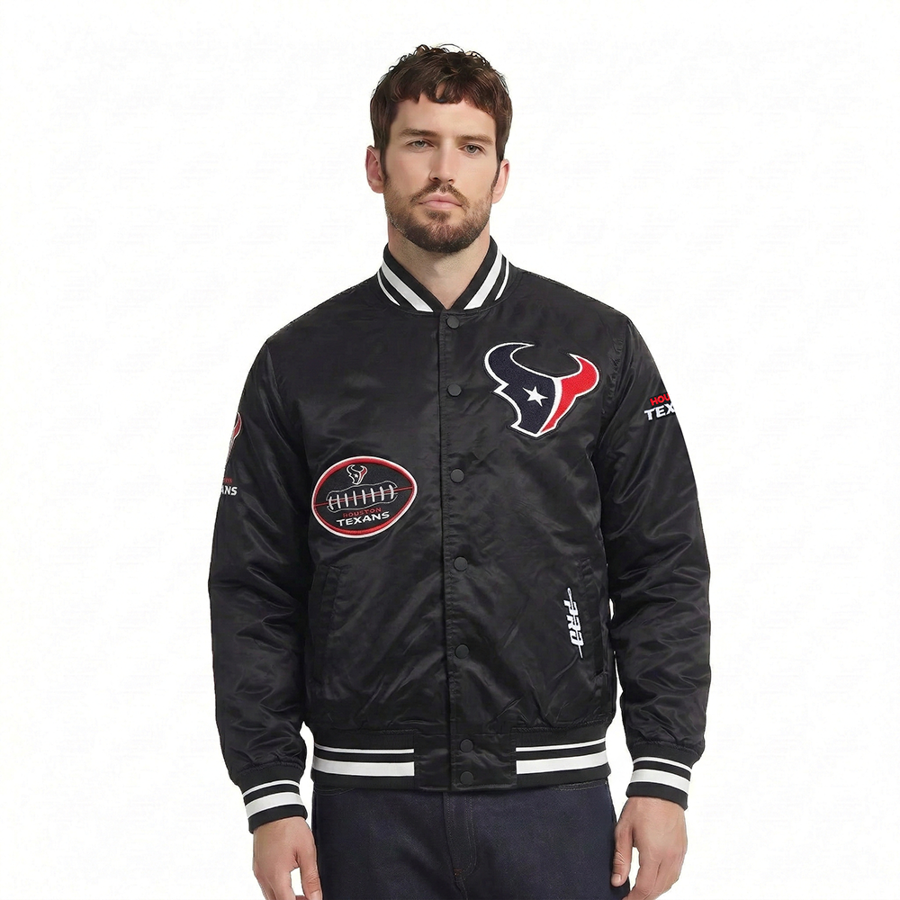 NFL HOUSTON TEXANS CLASSIC OLD ENGLISH MEN'S RIB SATIN JACKET (BLACK)