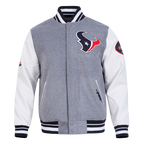 NFL HOUSTON TEXANS CLASSIC OLD ENGLISH MEN'S RIB WOOL VARSITY JACKET (HEATHER GREY/WHITE/BLACK)