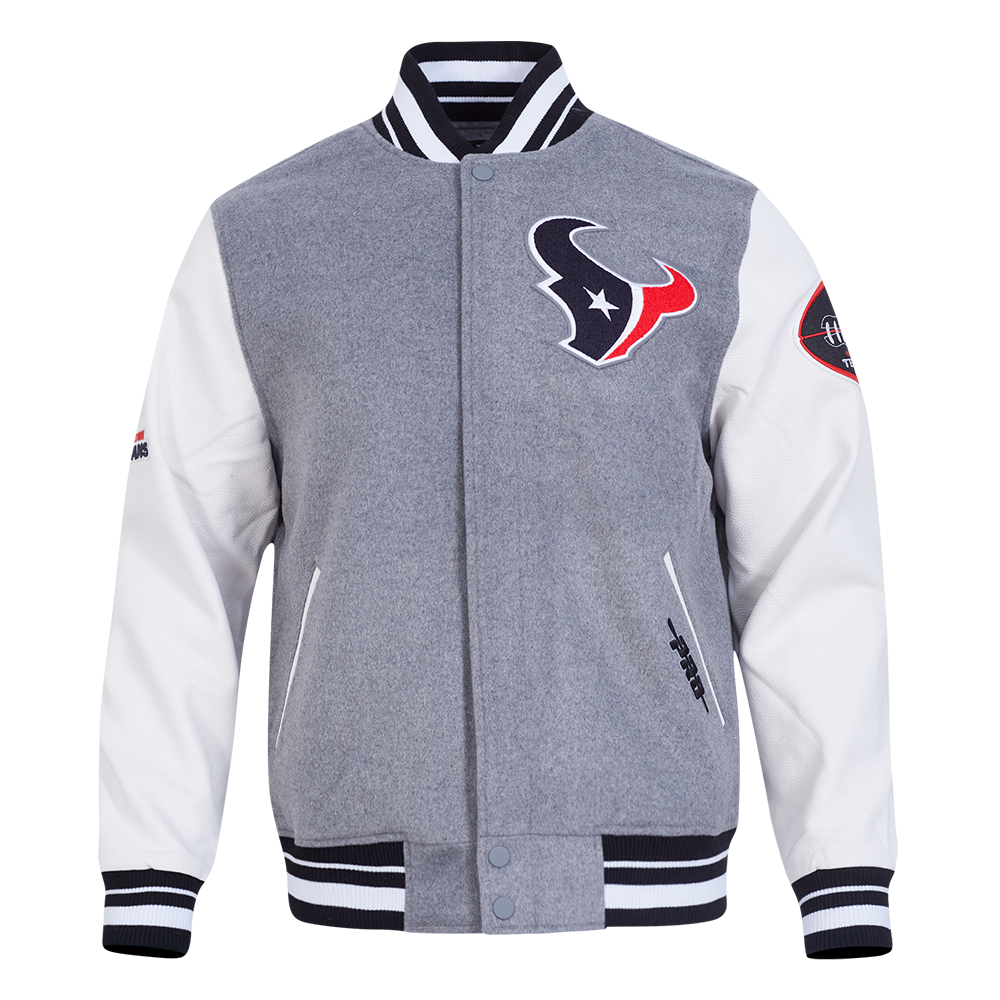 NFL HOUSTON TEXANS CLASSIC OLD ENGLISH MEN'S RIB WOOL VARSITY JACKET (HEATHER GREY/WHITE/BLACK)
