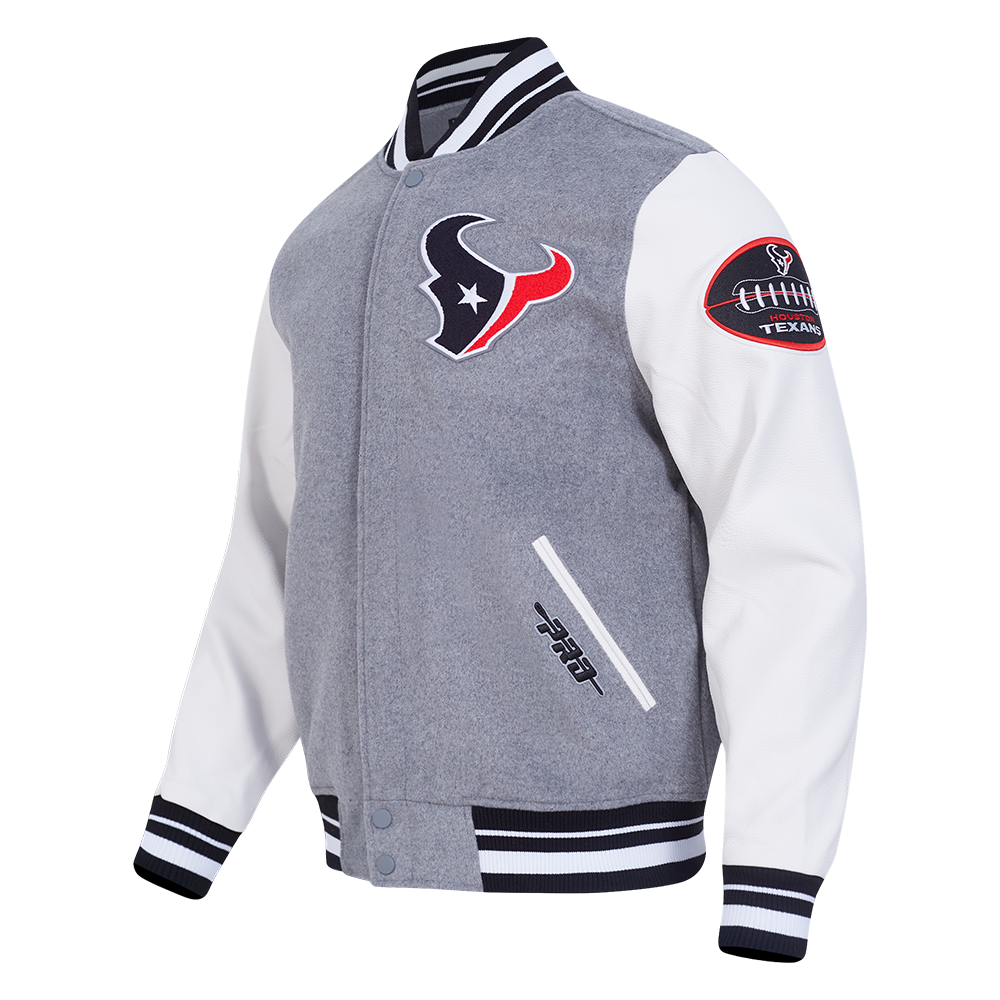 NFL HOUSTON TEXANS CLASSIC OLD ENGLISH MEN'S RIB WOOL VARSITY JACKET (HEATHER GREY/WHITE/BLACK)
