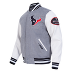 NFL HOUSTON TEXANS CLASSIC OLD ENGLISH MEN'S RIB WOOL VARSITY JACKET (HEATHER GREY/WHITE/BLACK)