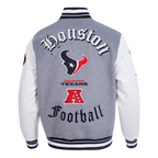 NFL HOUSTON TEXANS CLASSIC OLD ENGLISH MEN'S RIB WOOL VARSITY JACKET (HEATHER GREY/WHITE/BLACK)