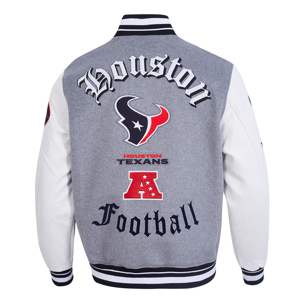 NFL HOUSTON TEXANS CLASSIC OLD ENGLISH MEN'S RIB WOOL VARSITY JACKET (HEATHER GREY/WHITE/BLACK)