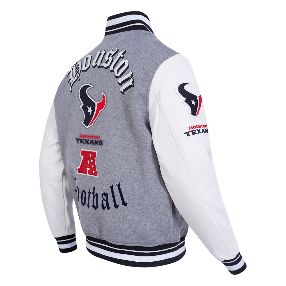 NFL HOUSTON TEXANS CLASSIC OLD ENGLISH MEN'S RIB WOOL VARSITY JACKET (HEATHER GREY/WHITE/BLACK)