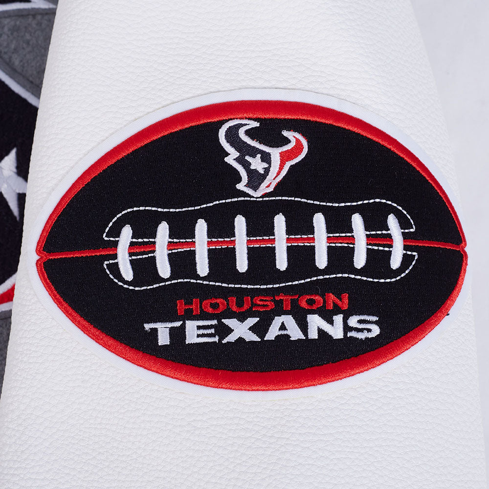 NFL HOUSTON TEXANS CLASSIC OLD ENGLISH MEN'S RIB WOOL VARSITY JACKET (HEATHER GREY/WHITE/BLACK)