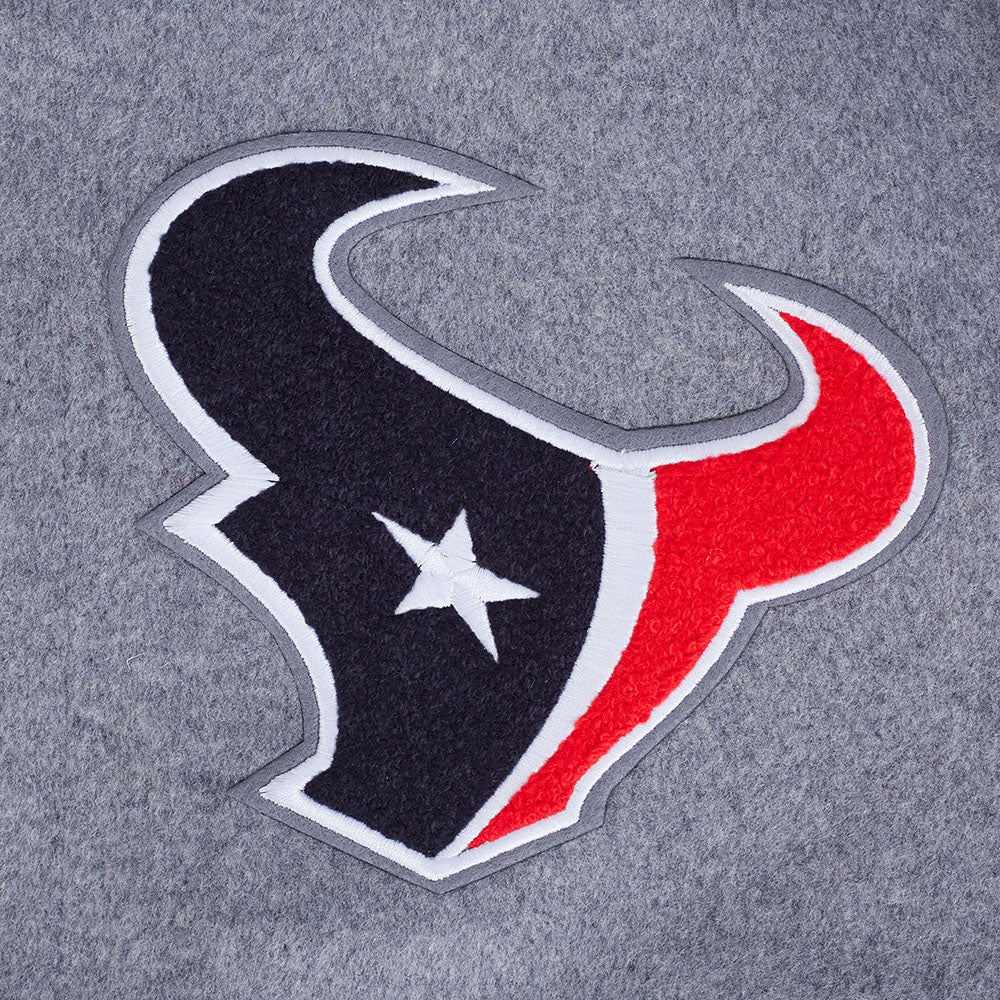 NFL HOUSTON TEXANS CLASSIC OLD ENGLISH MEN'S RIB WOOL VARSITY JACKET (HEATHER GREY/WHITE/BLACK)