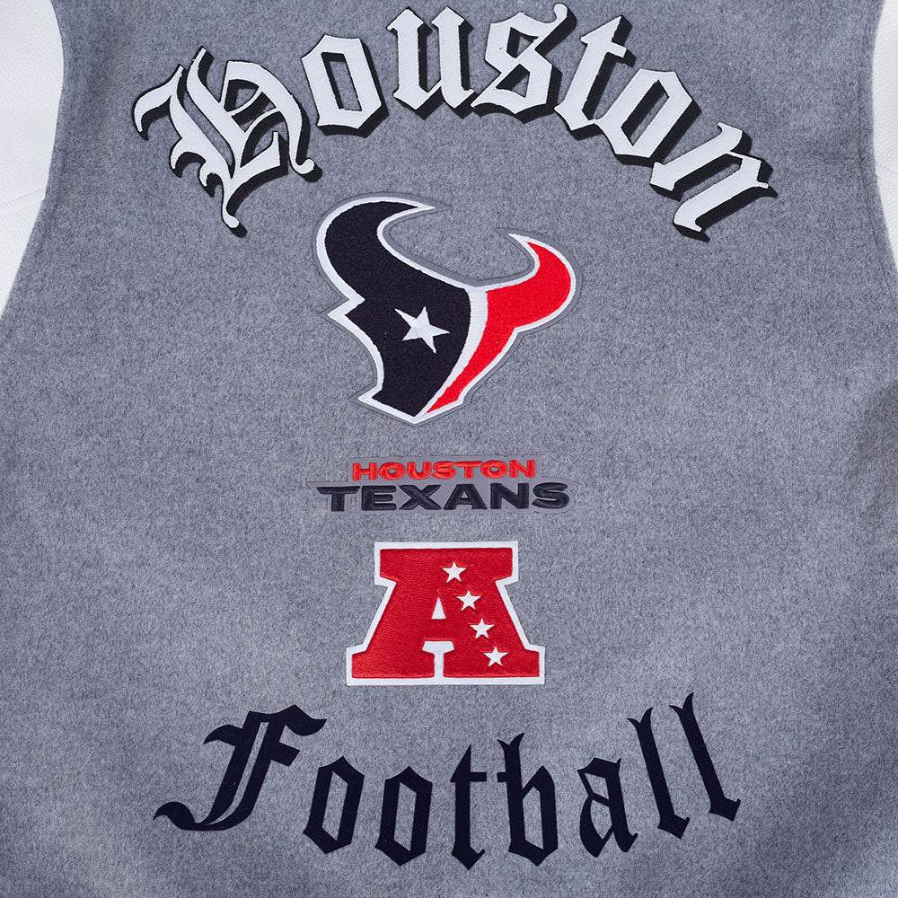 NFL HOUSTON TEXANS CLASSIC OLD ENGLISH MEN'S RIB WOOL VARSITY JACKET (HEATHER GREY/WHITE/BLACK)