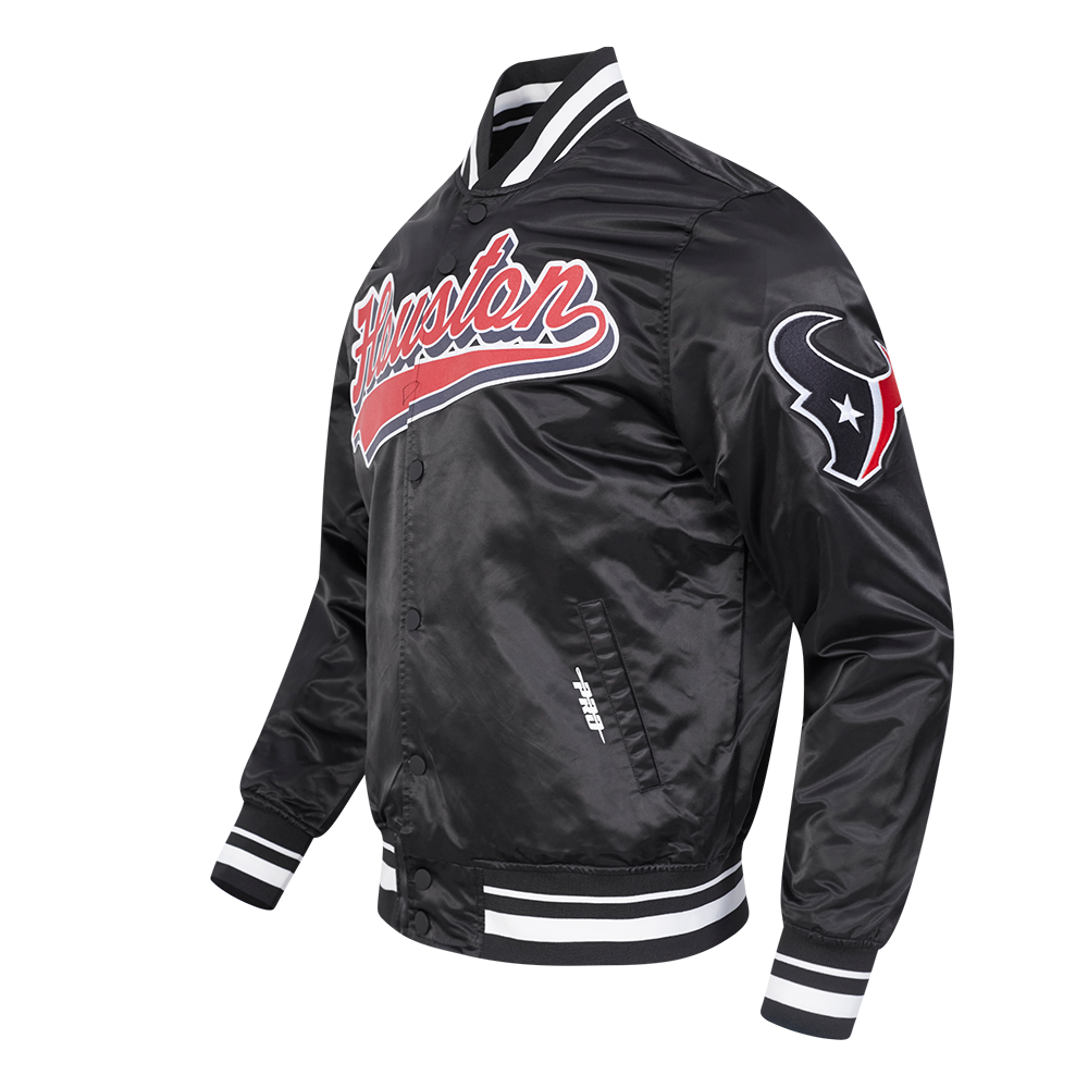 NFL HOUSTON TEXANS SCRIPT TAIL MEN'S RIB SATIN JACKET\ (BLACK)