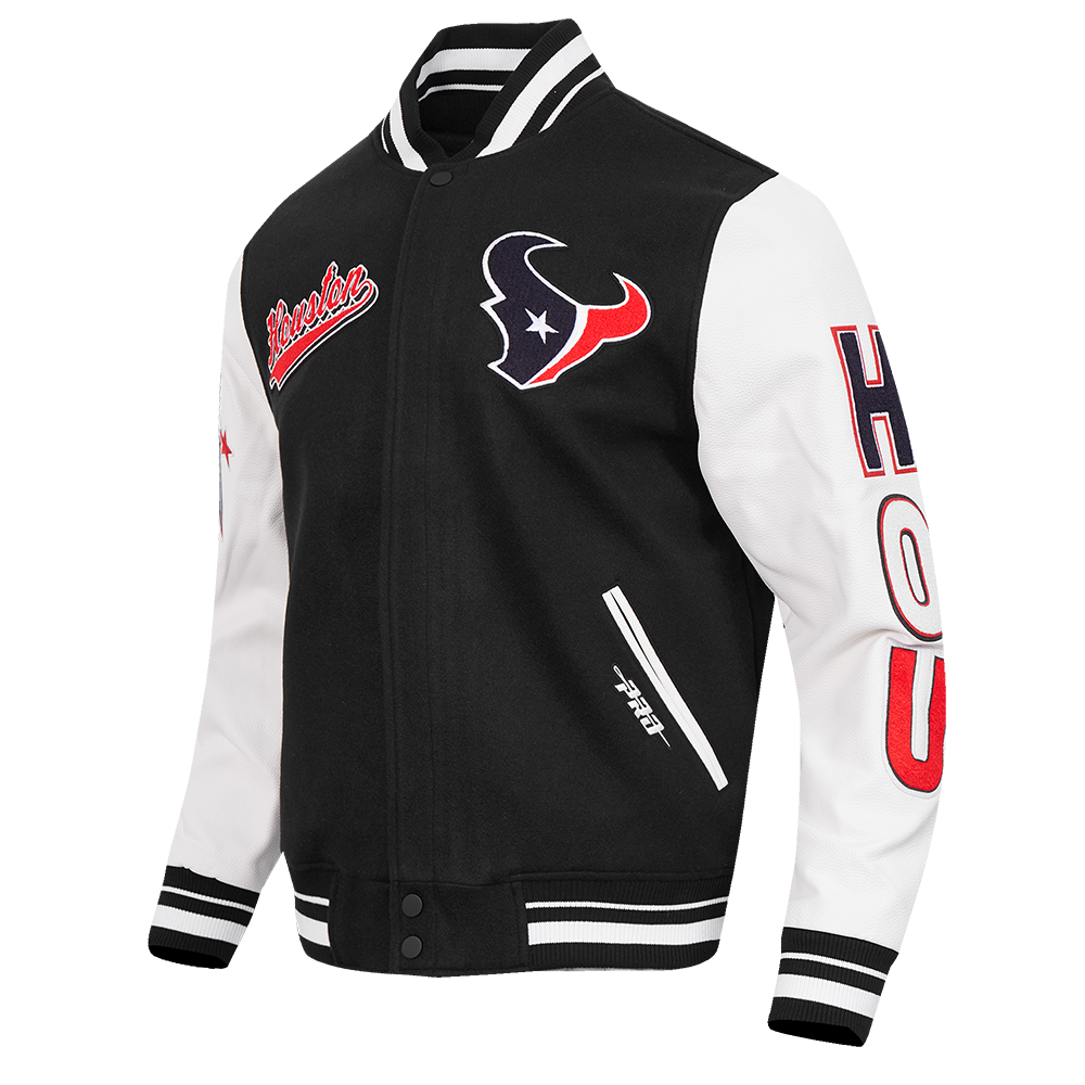 NFL HOUSTON TEXANS SCRIPT TAIL BLOUSON COLLÉGIAL EN LAINE À BORDS CÔTELÉS POUR HOMME (NOIR/BLANC)