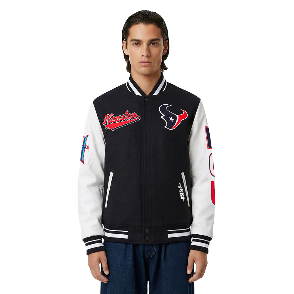 NFL HOUSTON TEXANS SCRIPT TAIL BLOUSON COLLÉGIAL EN LAINE À BORDS CÔTELÉS POUR HOMME (NOIR/BLANC)
