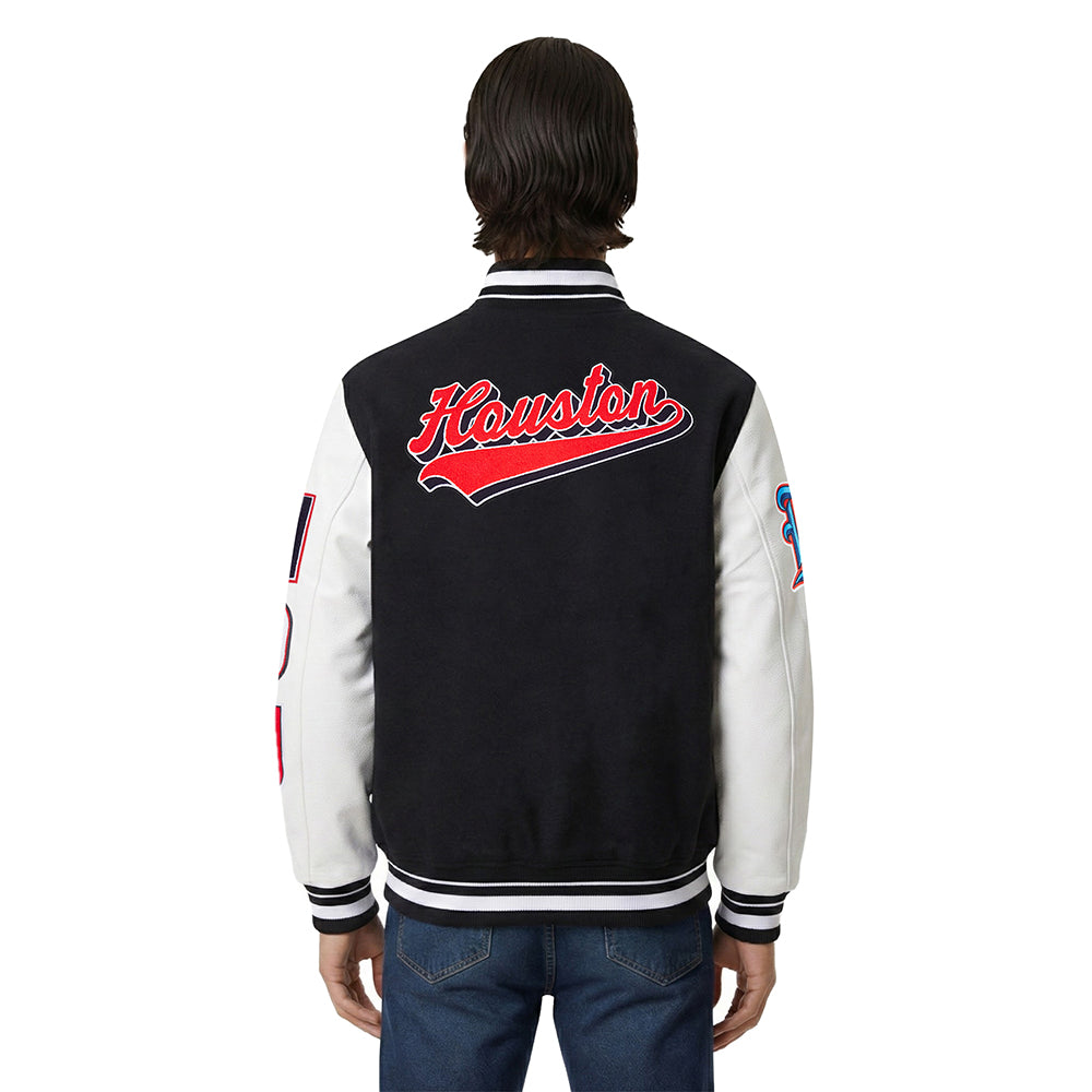 NFL HOUSTON TEXANS SCRIPT TAIL BLOUSON COLLÉGIAL EN LAINE À BORDS CÔTELÉS POUR HOMME (NOIR/BLANC)