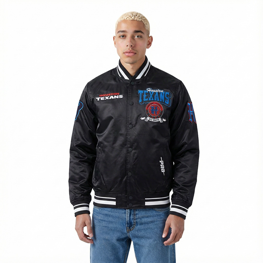 NFL HOUSTON TEXANS TEAM BADGE MEN'S RIB SATIN JACKET (BLACK)