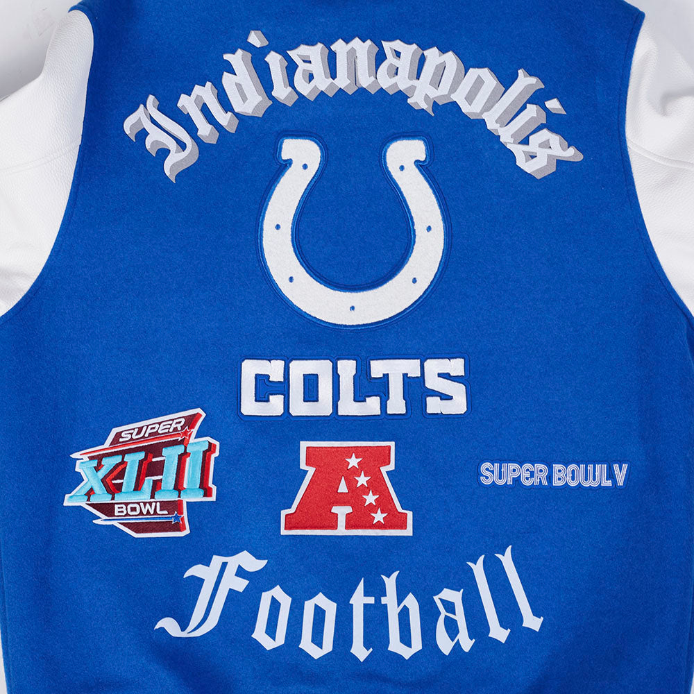 NFL INDIANAPOLIS COLTS OLD ENGLISH MEN'S RIB WOOL VARSITY JACKET (ROYAL BLUE/WHITE)