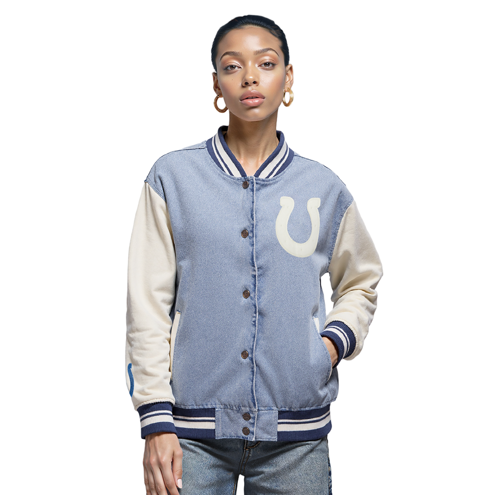 NFL INDIANAPOLIS COLTS VARSITY BLUES WOMEN'S DENIM VARSITY JACKET (DENIM/LINEN)