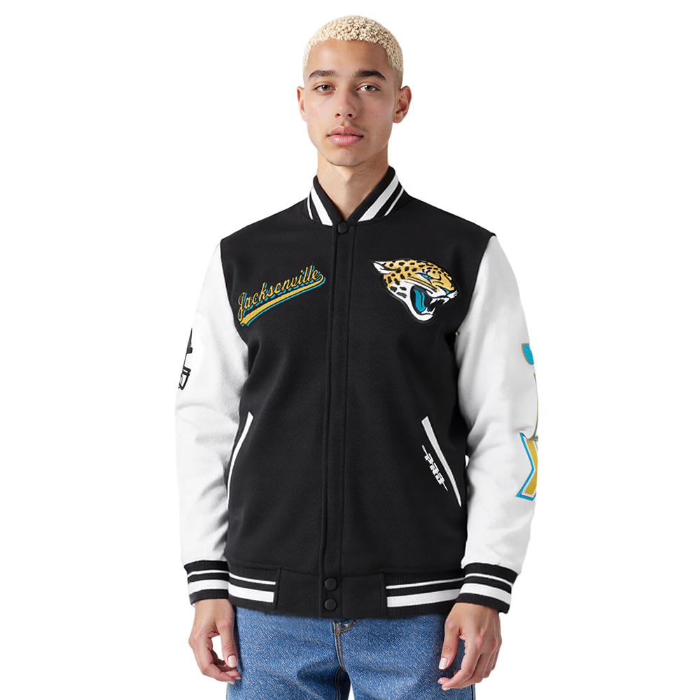 NFL JACKSONVILLE JAGUARS SCRIPT TAIL BLOUSON COLLÉGIAL POUR HOMME (NOIR/BLANC)