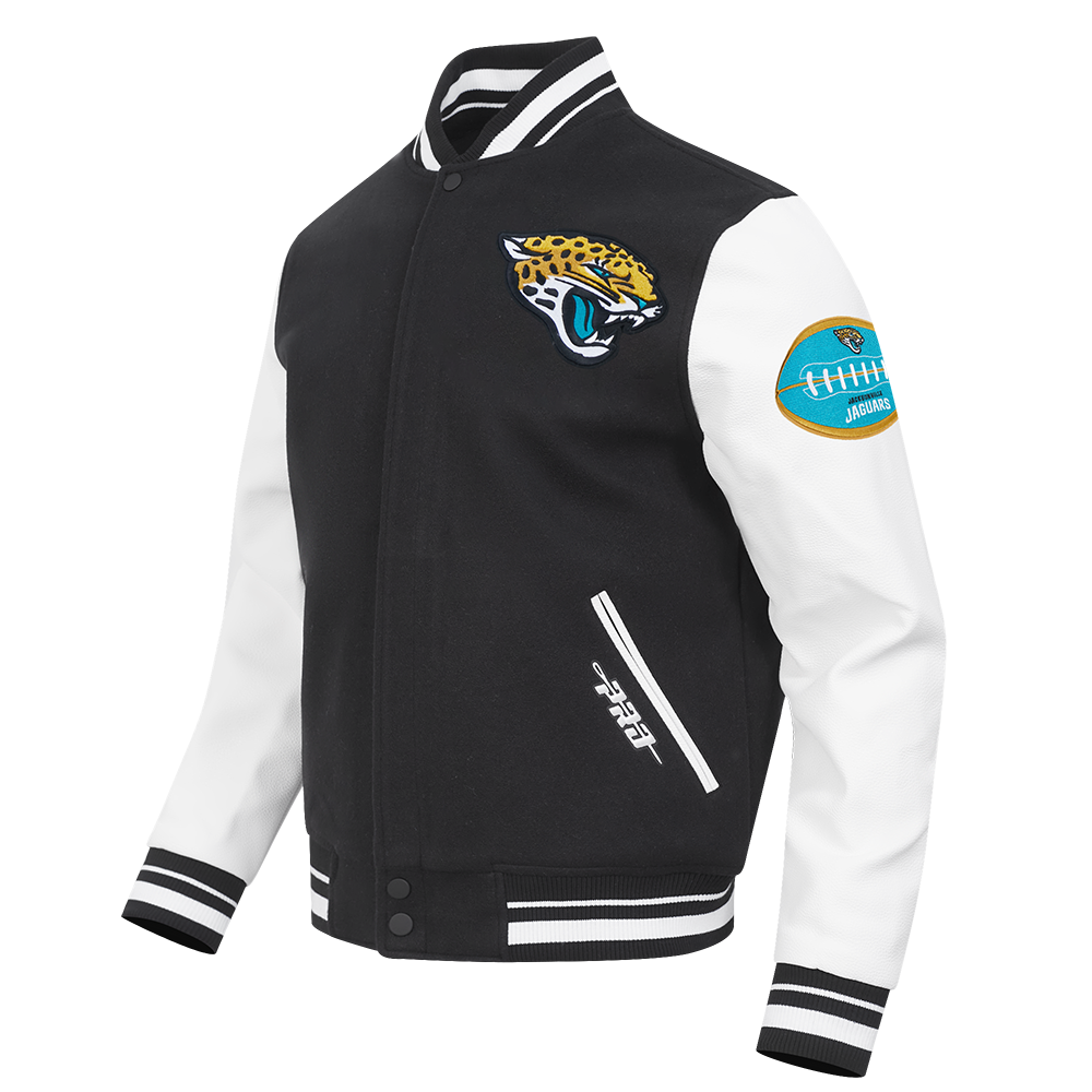 NFL JACKSONVILLE JAGUARS OLD ENGLISH MEN'S RIB WOOL VARSITY JACKET (BLACK/WHITE)