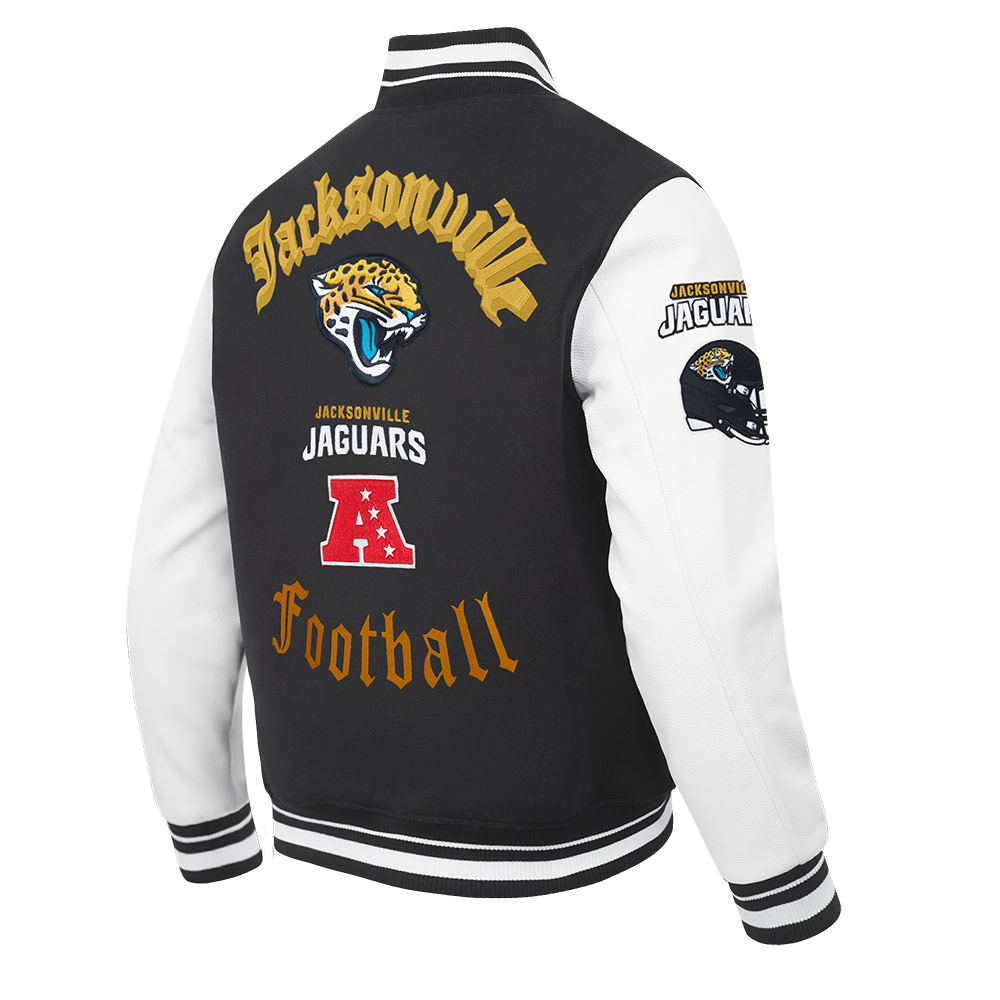 NFL JACKSONVILLE JAGUARS OLD ENGLISH MEN'S RIB WOOL VARSITY JACKET (BLACK/WHITE)