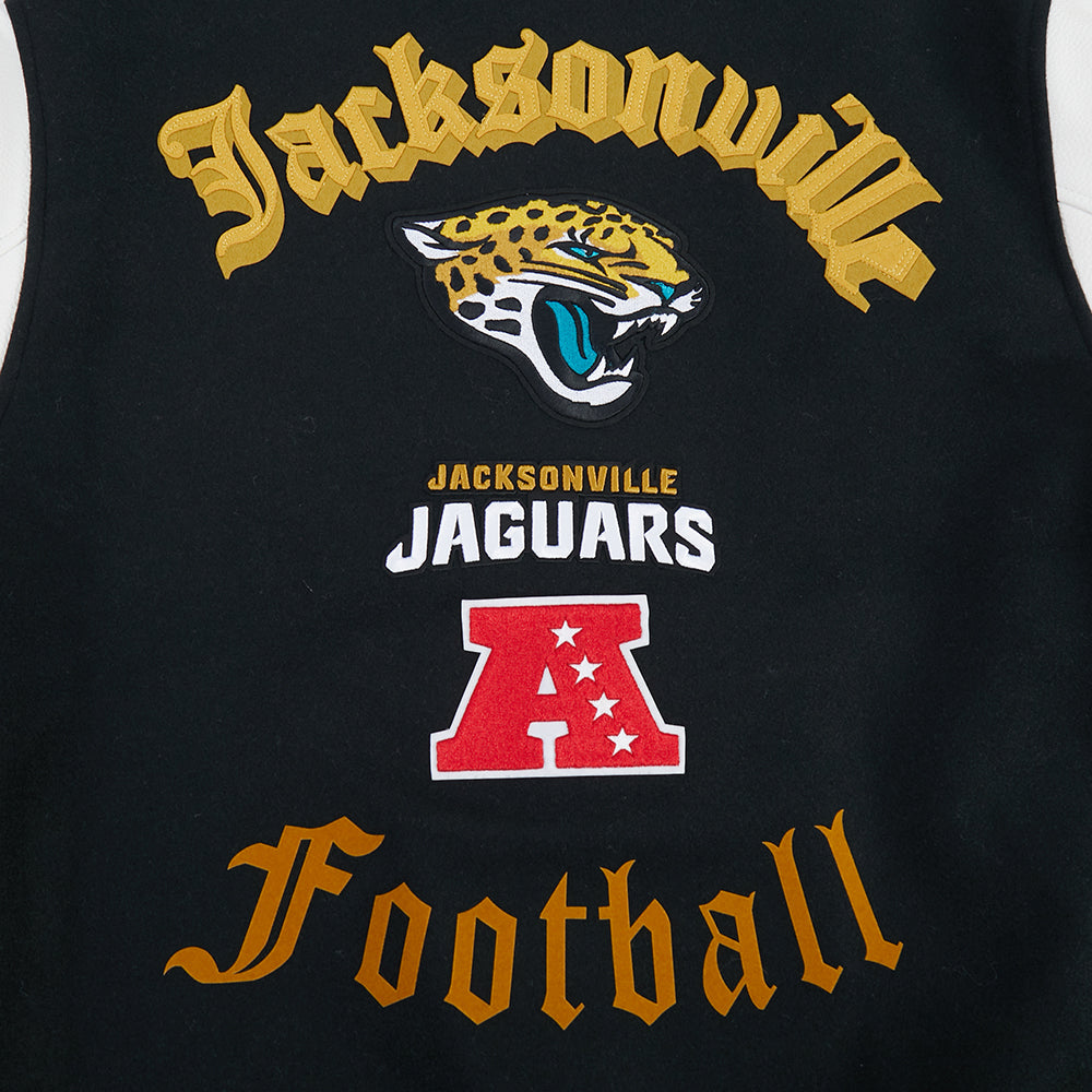 NFL JACKSONVILLE JAGUARS OLD ENGLISH MEN'S RIB WOOL VARSITY JACKET (BLACK/WHITE)