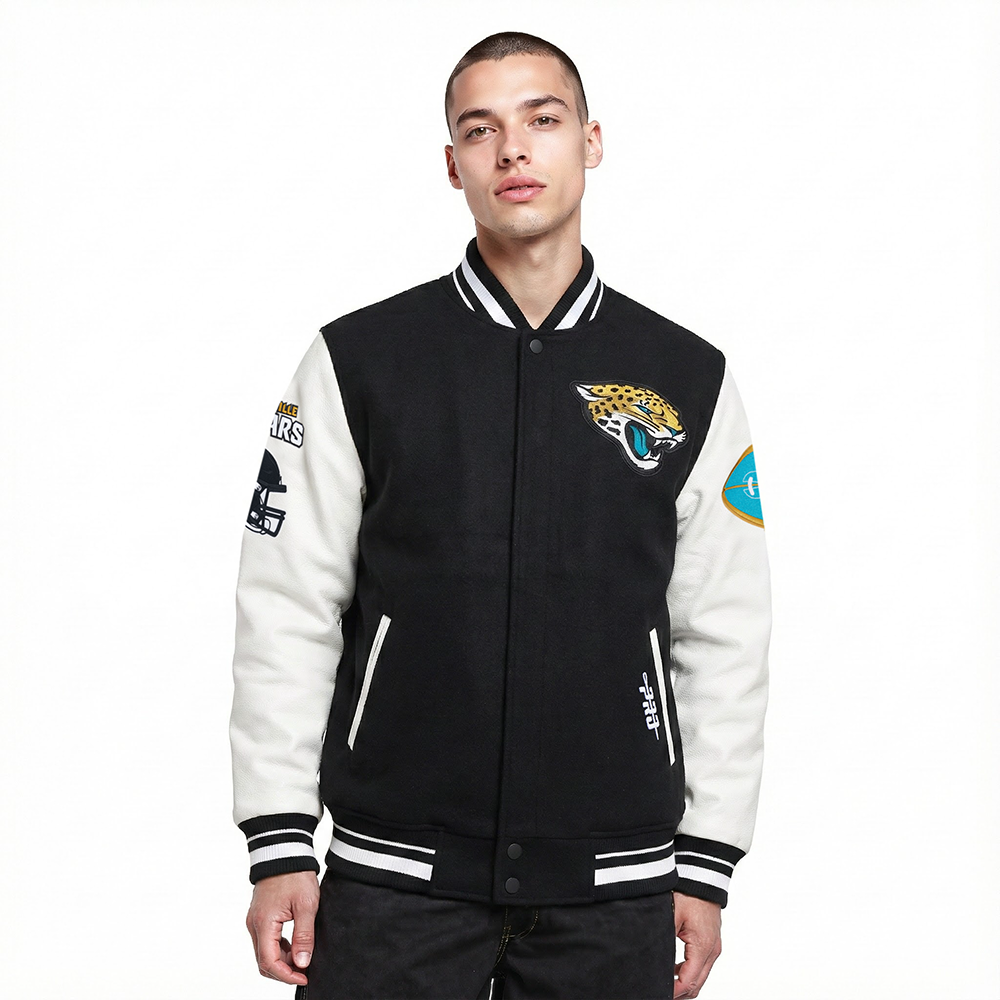 NFL JACKSONVILLE JAGUARS OLD ENGLISH MEN'S RIB WOOL VARSITY JACKET (BLACK/WHITE)
