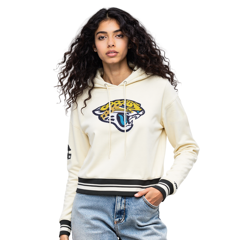 NFL JACKSONVILLE JAGUARS RETRO CLASSIC CHANDAIL À CAPUCHON COURT CÔTELÉ POUR FEMME (COQUILLE D'ŒUF/NOIR)