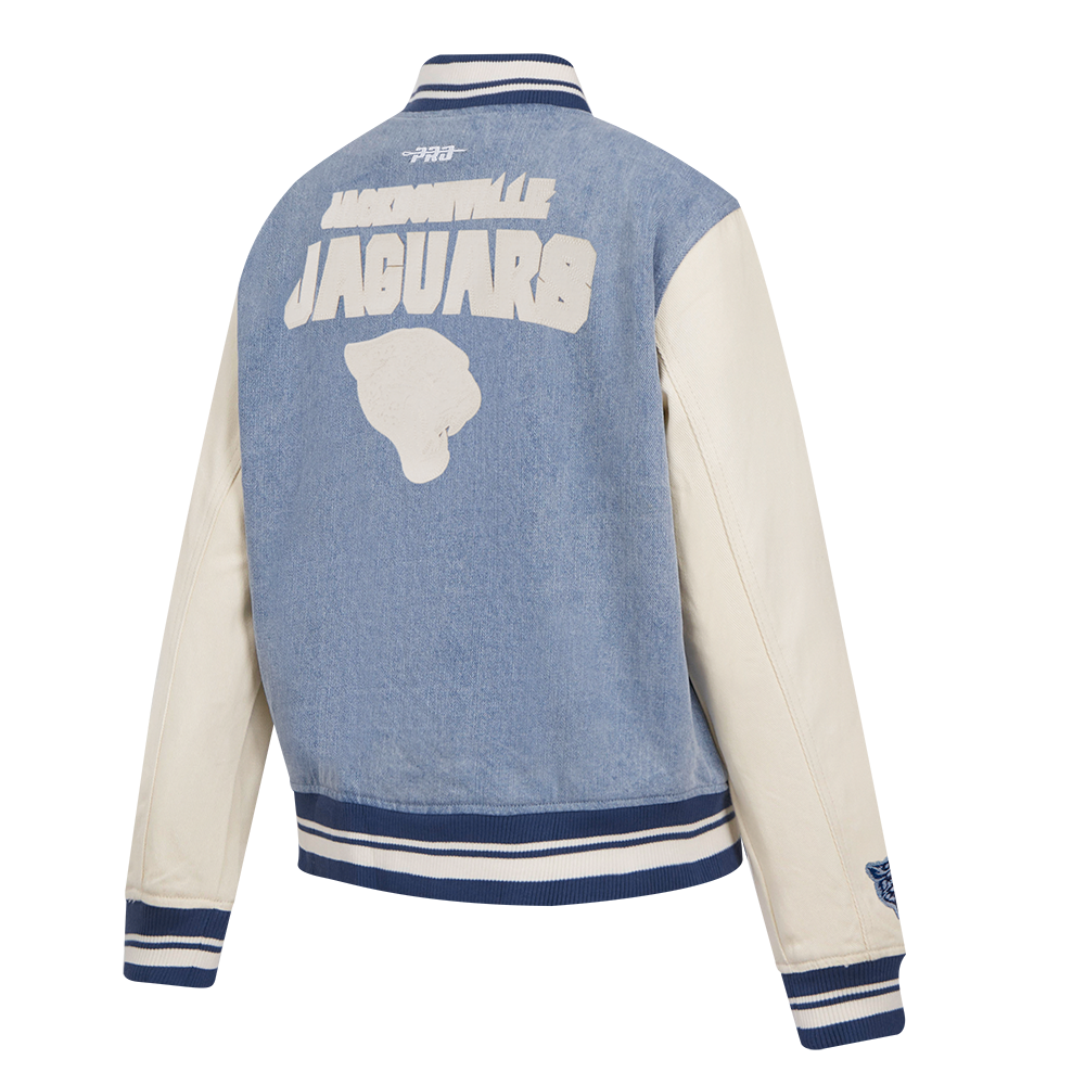 NFL JACKSONVILLE JAGUARS VARSITY BLUES WOMEN'S DENIM VARSITY JACKET (DENIM/LINEN)