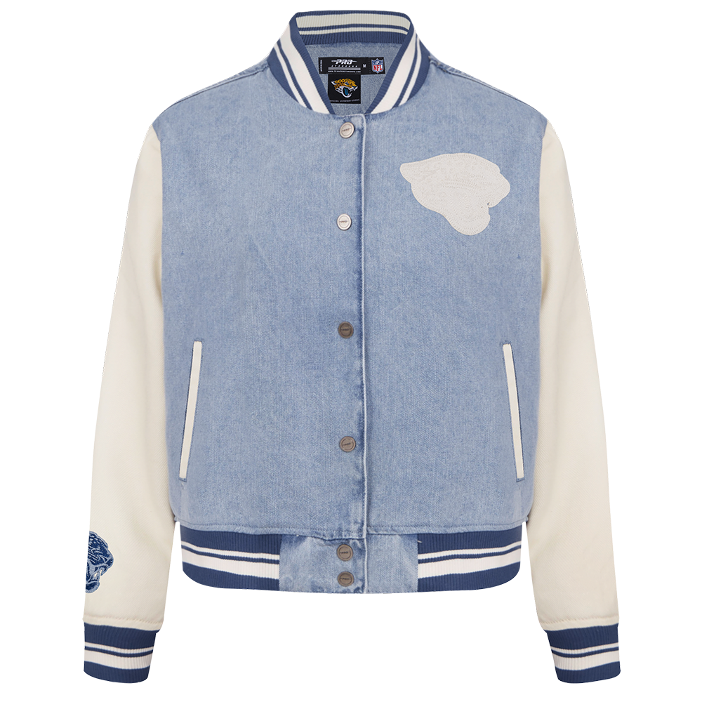 NFL JACKSONVILLE JAGUARS VARSITY BLUES WOMEN'S DENIM VARSITY JACKET (DENIM/LINEN)