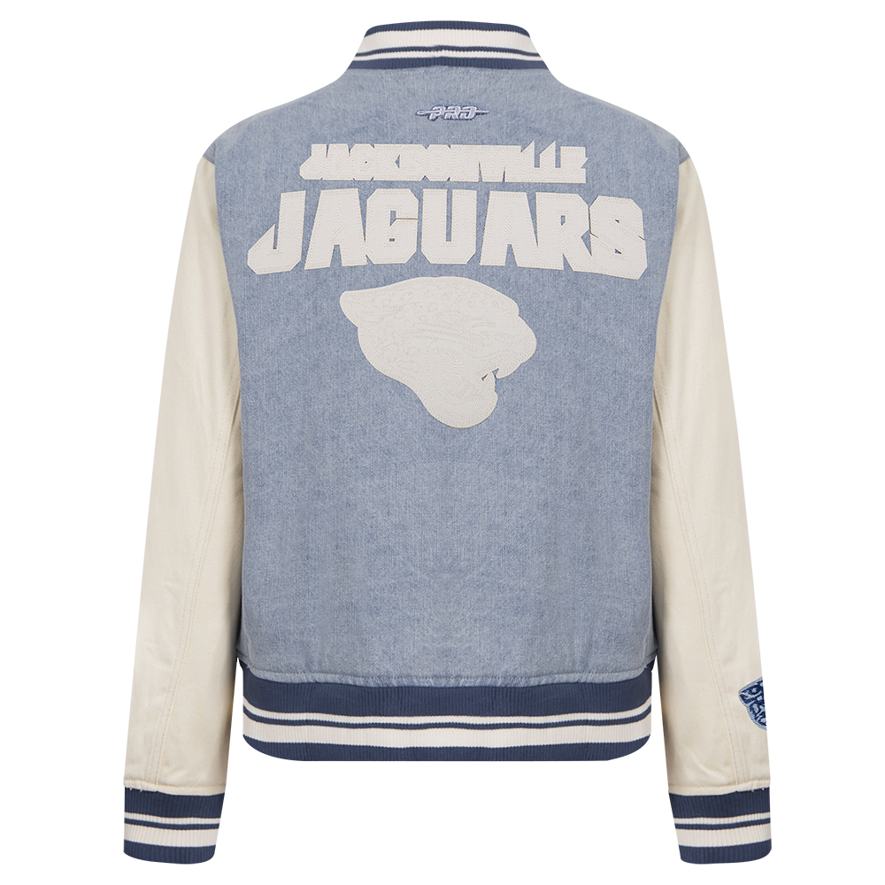 NFL JACKSONVILLE JAGUARS VARSITY BLUES WOMEN'S DENIM VARSITY JACKET (DENIM/LINEN)