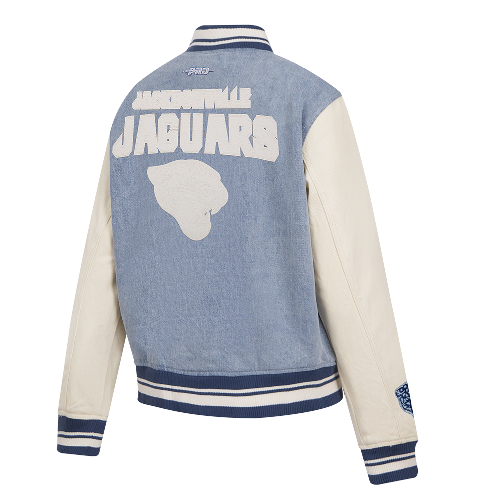 NFL JACKSONVILLE JAGUARS VARSITY BLUES WOMEN'S DENIM VARSITY JACKET (DENIM/LINEN)