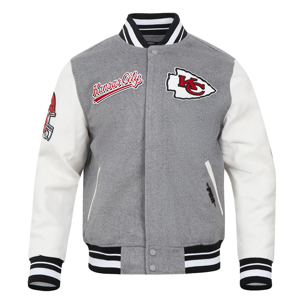 NFL KANSAS CITY CHIEFS SCRIPT TAIL MEN'S VARSITY JACKET (HEATHER GREY/WHITE/BLACK)