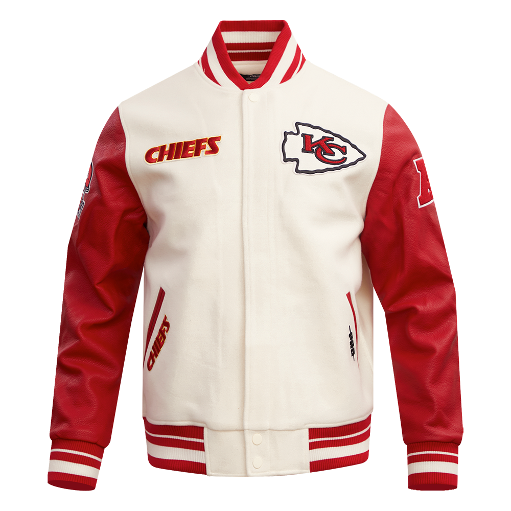 NFL KANSAS CITY CHIEFS RETRO CLASSIC MEN'SS RIB WOOL VARSTIY JACKET (EGGSHELL/ RED)