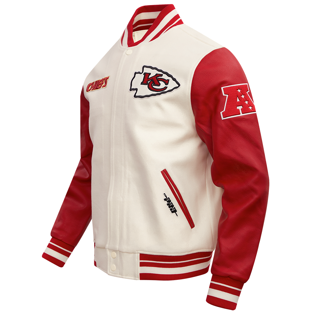 NFL KANSAS CITY CHIEFS RETRO CLASSIC MEN'SS RIB WOOL VARSTIY JACKET (EGGSHELL/ RED)