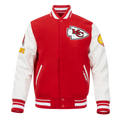 NFL KANSAS CITY CHIEFS OLD ENGLISH BLOUSON COLLÉGIAL EN LAINE À BORDS CÔTELÉS POUR HOMME (ROUGE/BLANC)