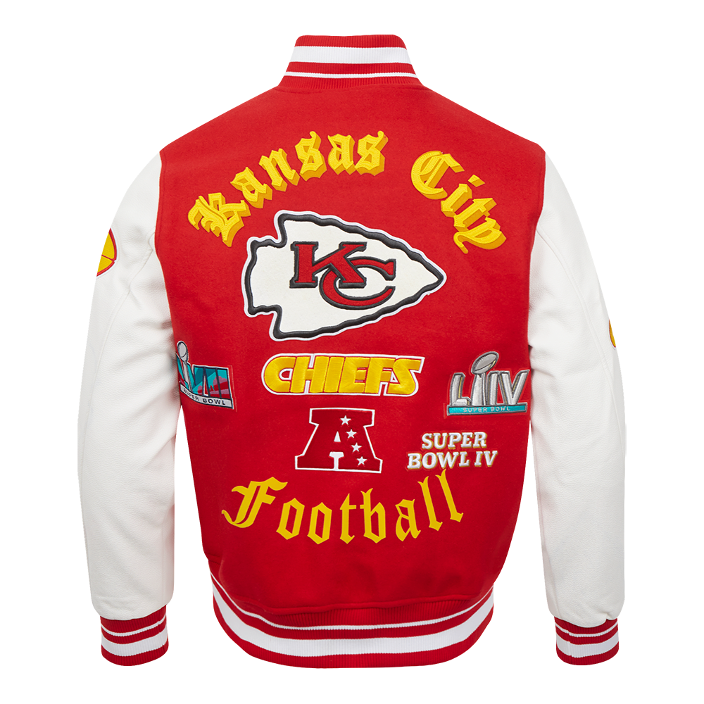 NFL KANSAS CITY CHIEFS OLD ENGLISH BLOUSON COLLÉGIAL EN LAINE À BORDS CÔTELÉS POUR HOMME (ROUGE/BLANC)