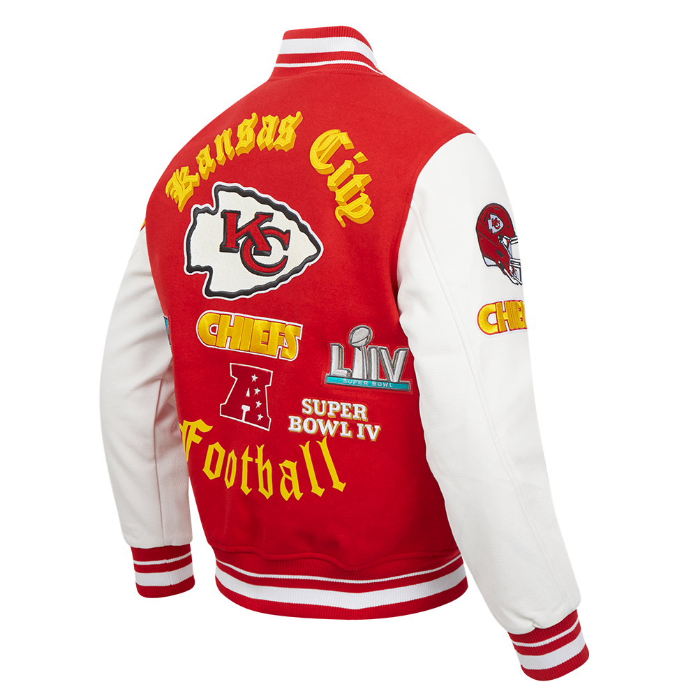 NFL KANSAS CITY CHIEFS OLD ENGLISH BLOUSON COLLÉGIAL EN LAINE À BORDS CÔTELÉS POUR HOMME (ROUGE/BLANC)