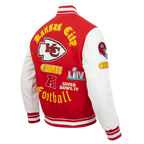 NFL KANSAS CITY CHIEFS OLD ENGLISH BLOUSON COLLÉGIAL EN LAINE À BORDS CÔTELÉS POUR HOMME (ROUGE/BLANC)