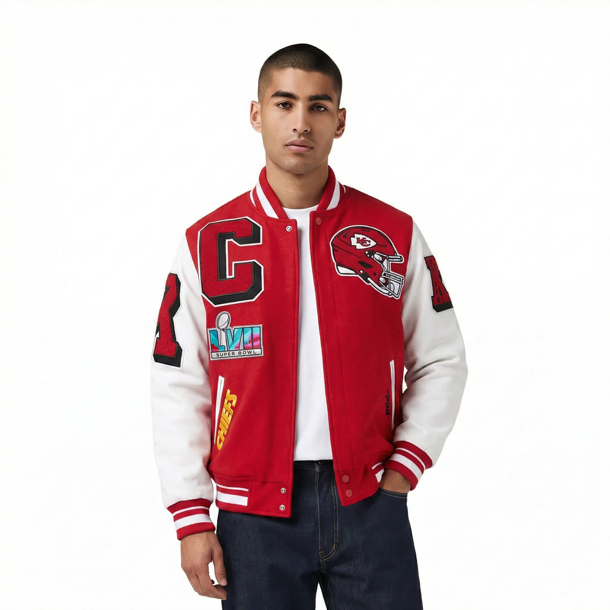 NFL KANSAS CITY CHIEFS MASH UP BLOUSON COLLÉGIAL EN LAINE À BORDS CÔTELÉS POUR HOMME (ROUGE/BLANC)