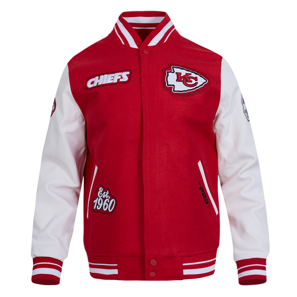 NFL KANSAS CITY CHIEFS DIY PICK STITCH BLOUSON COLLÉGIAL EN LAINE À BORDS CÔTELÉS POUR HOMME (ROUGE/BLANC)