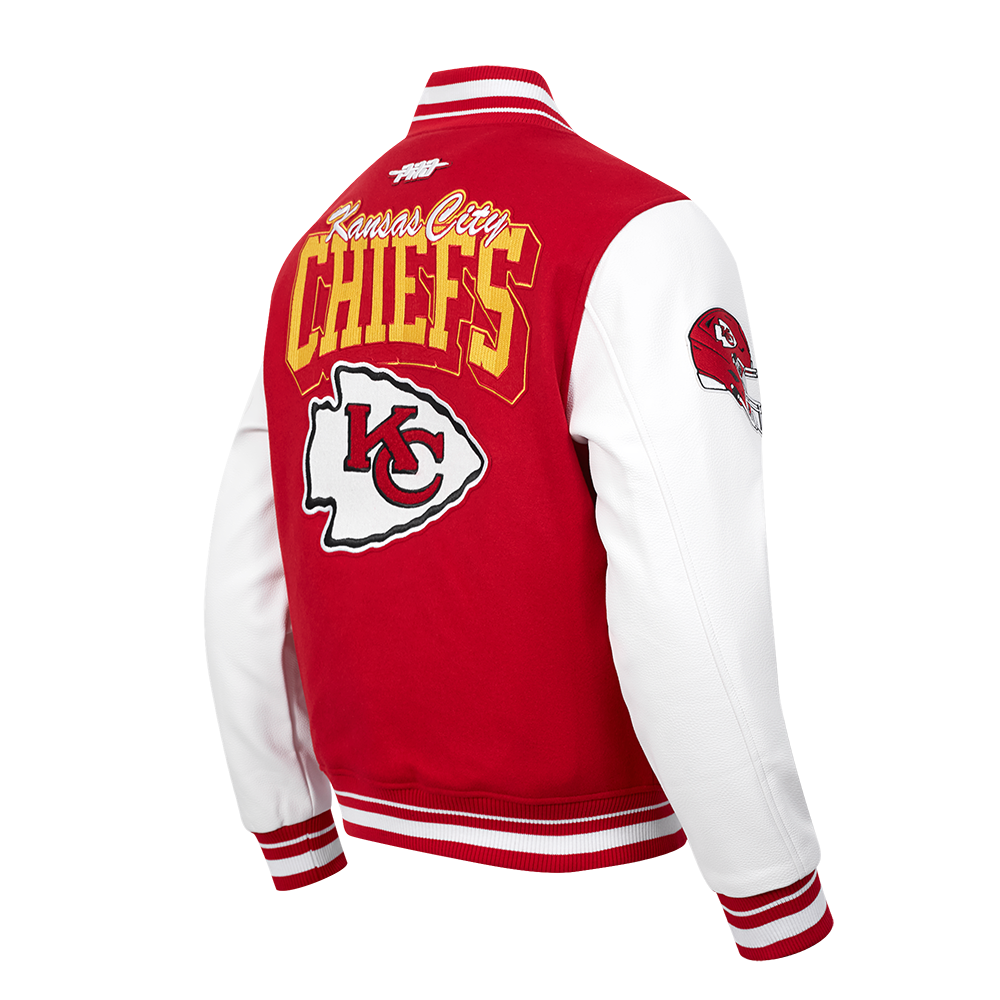 NFL KANSAS CITY CHIEFS TEAM BADGE BLOUSON COLLÉGIAL EN LAINE À BORDS CÔTELÉS POUR HOMME (ROUGE/BLANC)