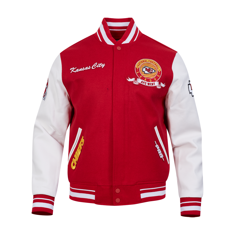 NFL KANSAS CITY CHIEFS TEAM BADGE BLOUSON COLLÉGIAL EN LAINE À BORDS CÔTELÉS POUR HOMME (ROUGE/BLANC)