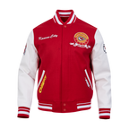 NFL KANSAS CITY CHIEFS TEAM BADGE BLOUSON COLLÉGIAL EN LAINE À BORDS CÔTELÉS POUR HOMME (ROUGE/BLANC)