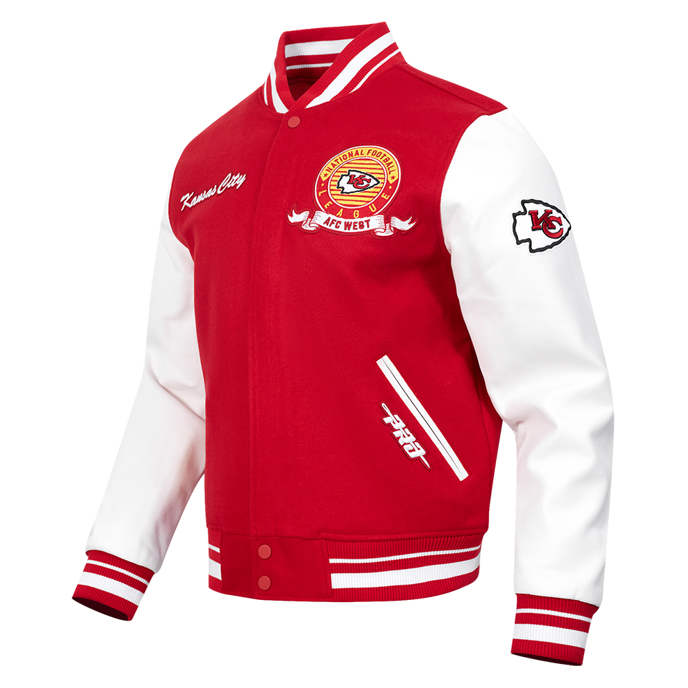 NFL KANSAS CITY CHIEFS TEAM BADGE BLOUSON COLLÉGIAL EN LAINE À BORDS CÔTELÉS POUR HOMME (ROUGE/BLANC)
